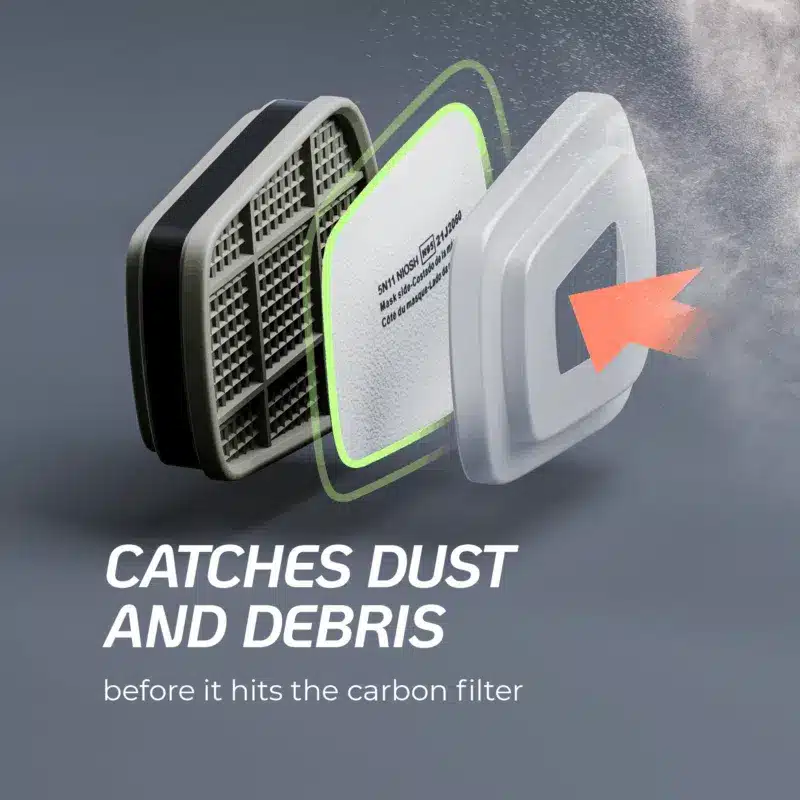 An exploded view of a pre-filter catching dust and debris before it can enter the main carbon filter cartridge.
