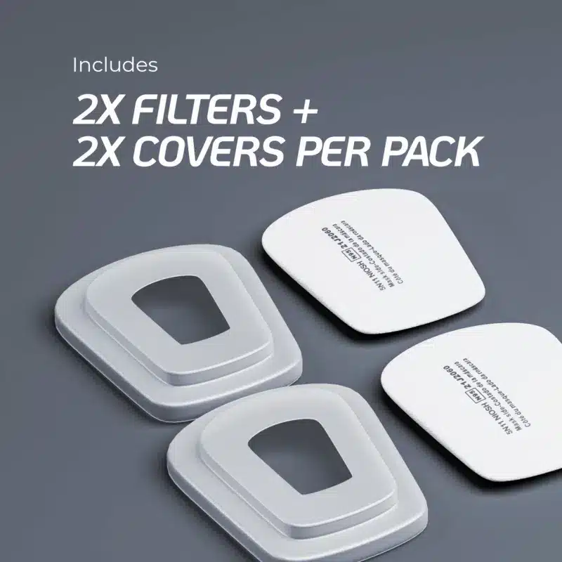 The contents of a replenishment pack, including two particulate filters and two plastic retainer covers.