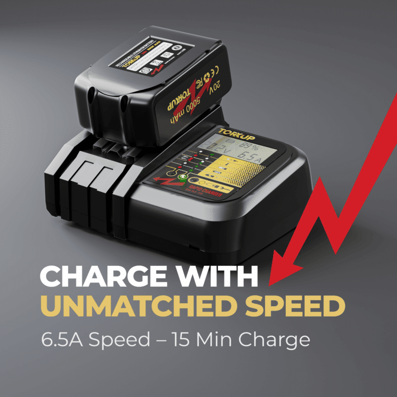 The Torxup VoltGuard 6500 rapid charger with a 5000mAh LXT-compatible battery inserted, illustrating its unmatched 6.5A charging speed.