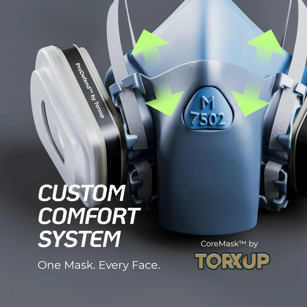 Torxup CoreMask blue half-face respirator shown front-on with twin filter cartridges, captioned Custom Comfort System — One Mask. Every Face.