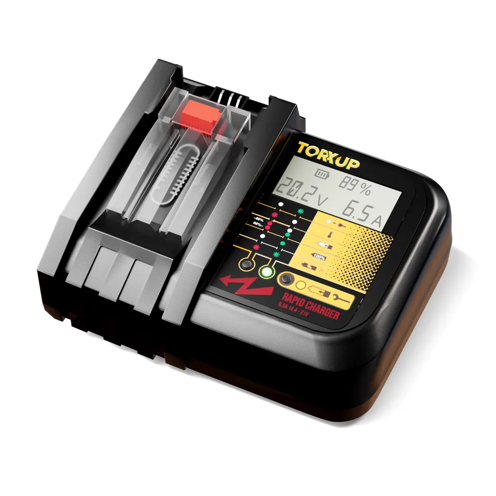 Torxup VoltGuard 6500 rapid charger photographed from above on a white background, showing the empty battery bay and yellow LCD panel.
