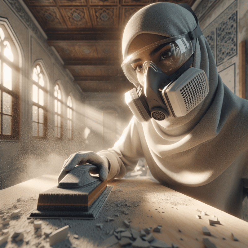 Worker wearing a plaster dust mask while sanding tile in a bright workshop, demonstrating safe mask fit and filter placement.