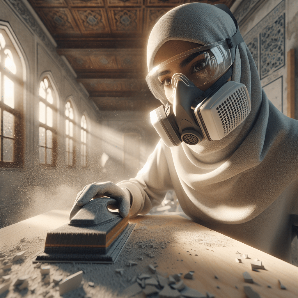 Worker wearing a plaster dust mask while sanding tile in a bright workshop, demonstrating safe mask fit and filter placement.