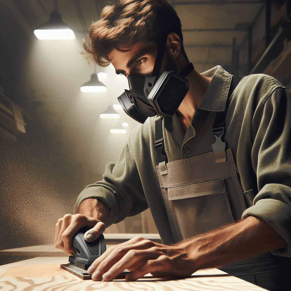 A skilled DIYer sanding MDF while wearing a reusable dust mask in a workshop with visible wood dust particles around.