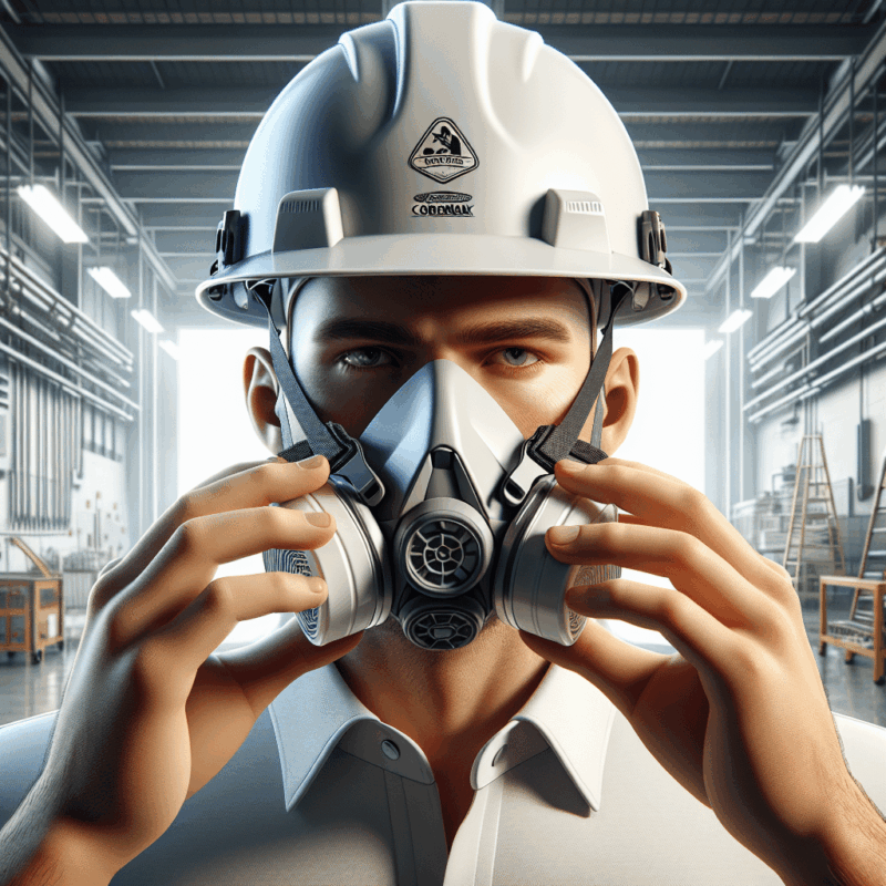 Hands fitting CoreMask under hard hat in construction setting, showing PPE compatibility and strap positioning for secure fit.