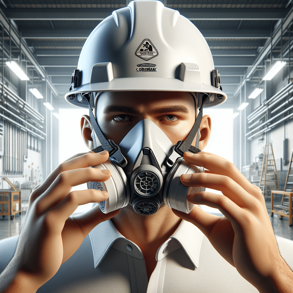 Hands fitting CoreMask under hard hat in construction setting, showing PPE compatibility and strap positioning for secure fit.