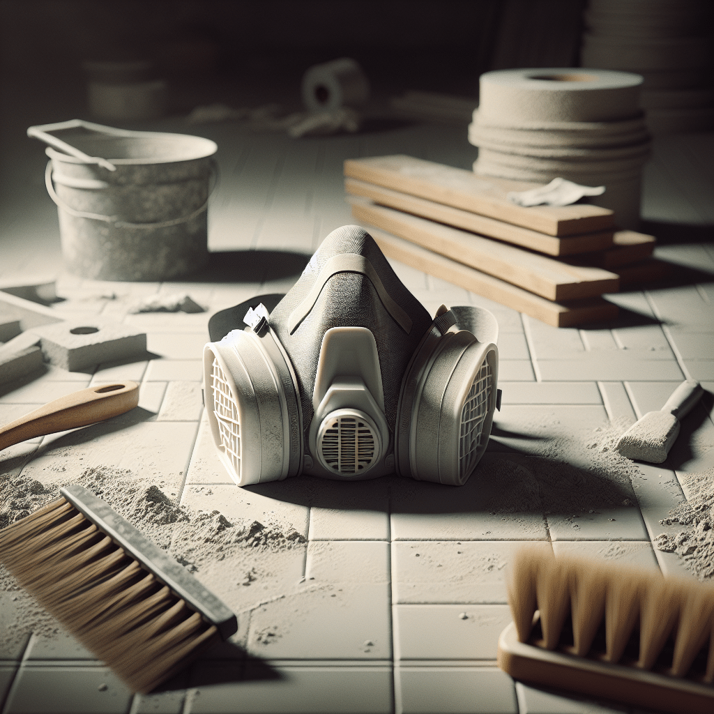 FlowCore mask on workshop floor during cleanup of plaster, tile, and timber dust, surrounded by hand tools and brushed debris.