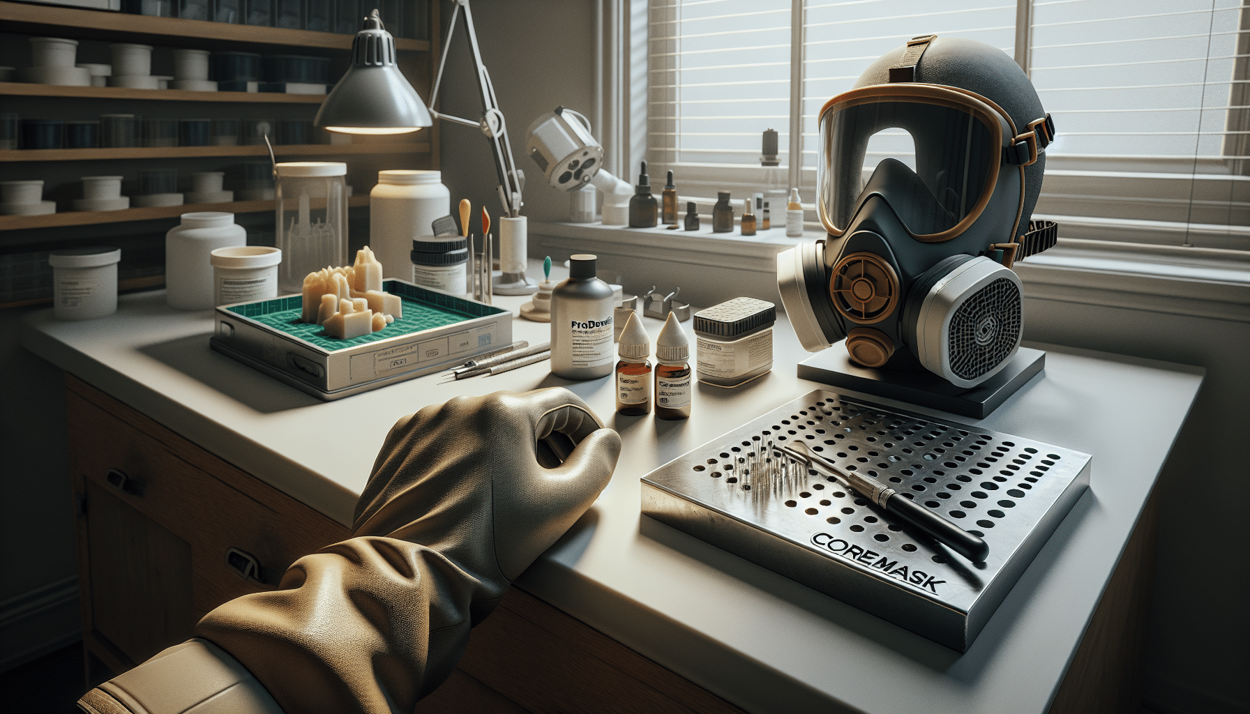Hand holding CoreMask resin fumes respirator near an indoor crafting setup with ProDefend and resin workspace.