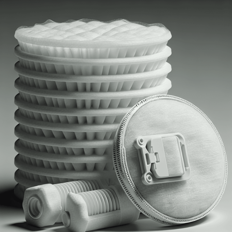 Stack of FlowCore filter pads placed beside a Torxup mask on a clean surface, highlighting filtration detail and subscription refill savings.