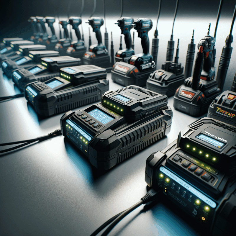 VoltGuard 6500 review image showing real jobsite charger comparison with Makita-compatible units in a workshop setup.