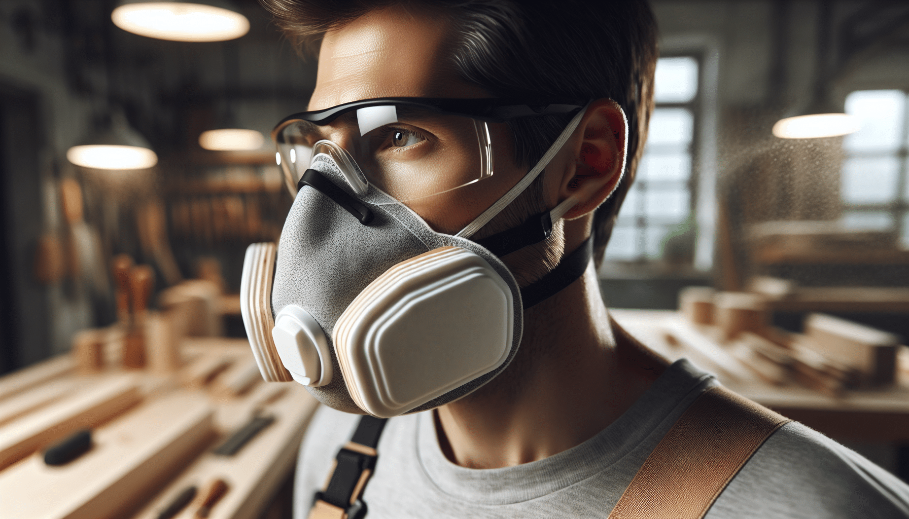 Side view of a person wearing a Torxup CoreMask and glasses in a woodworking setting, with no fog on the lenses.