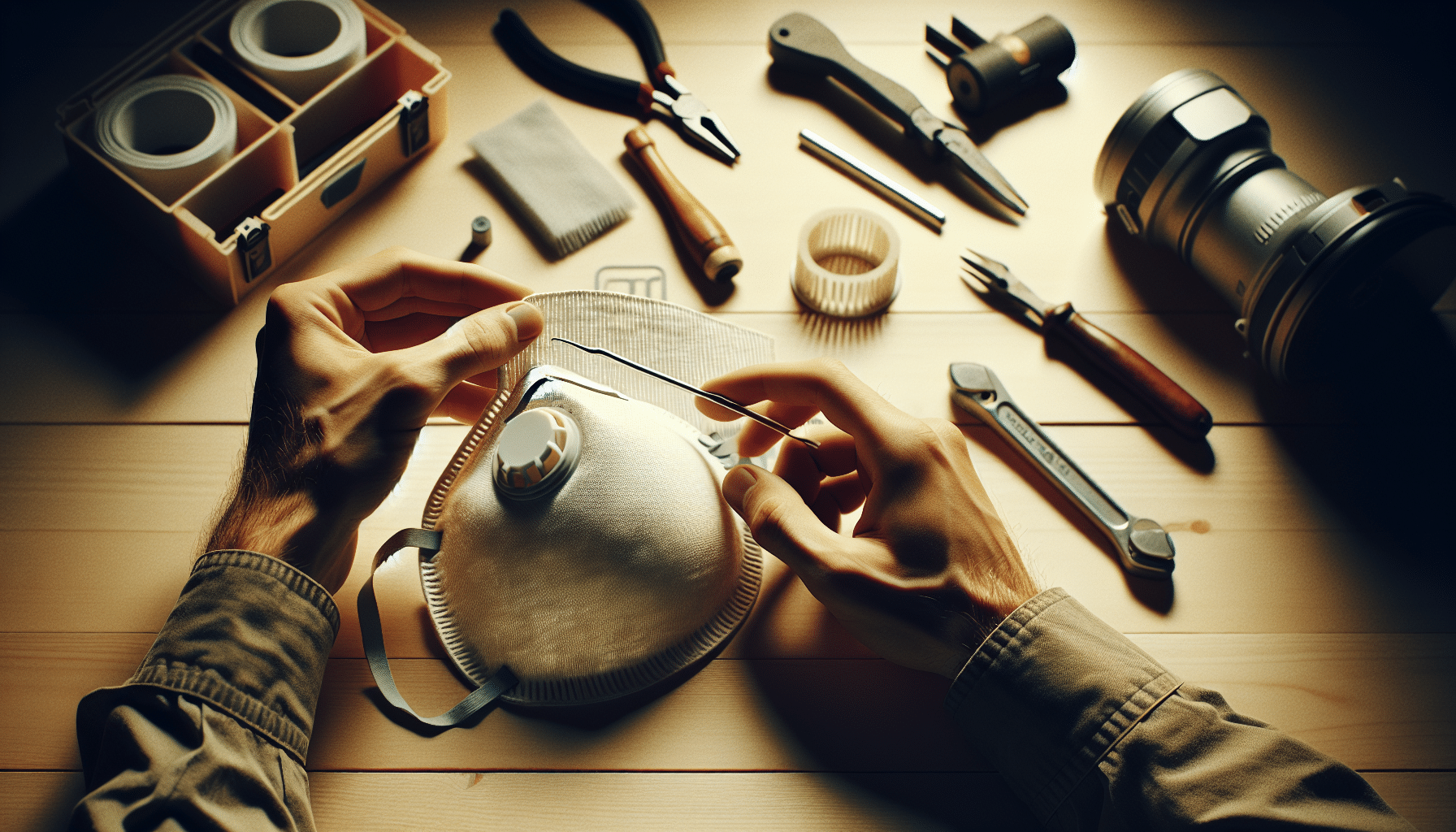 Demonstration of a fast filter swap with user hands twisting a new ProDefend filter onto a dust mask.