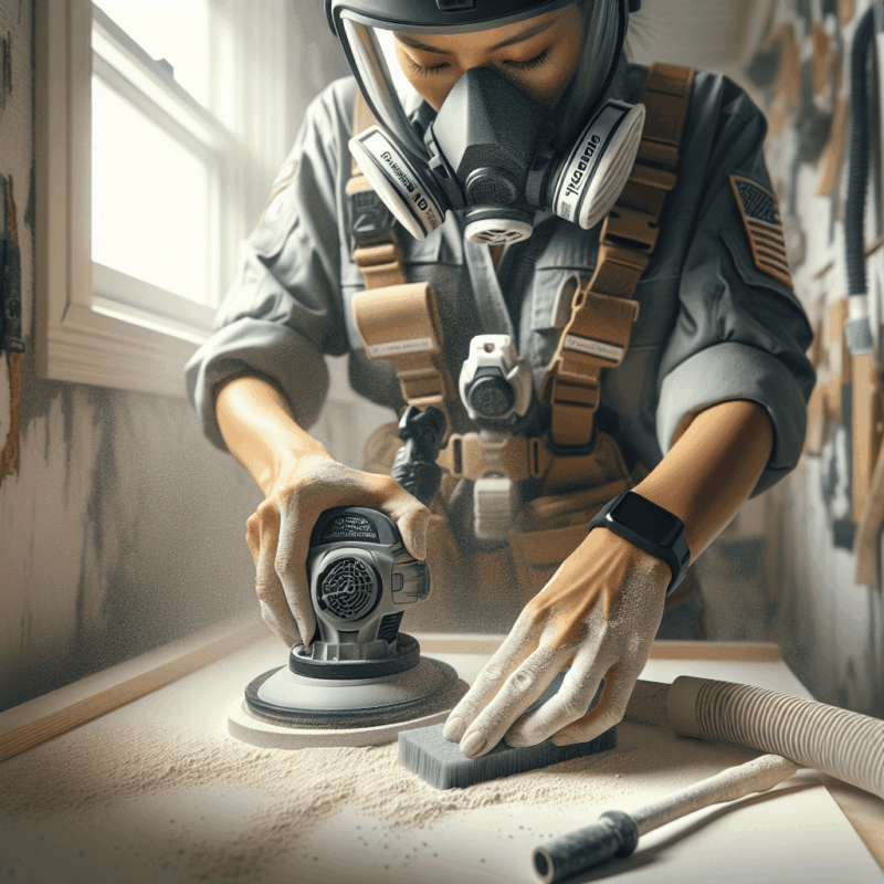 DIYer wearing plaster dust mask while sanding, showcasing Torxup FlowCore respirator protection against fine particles.