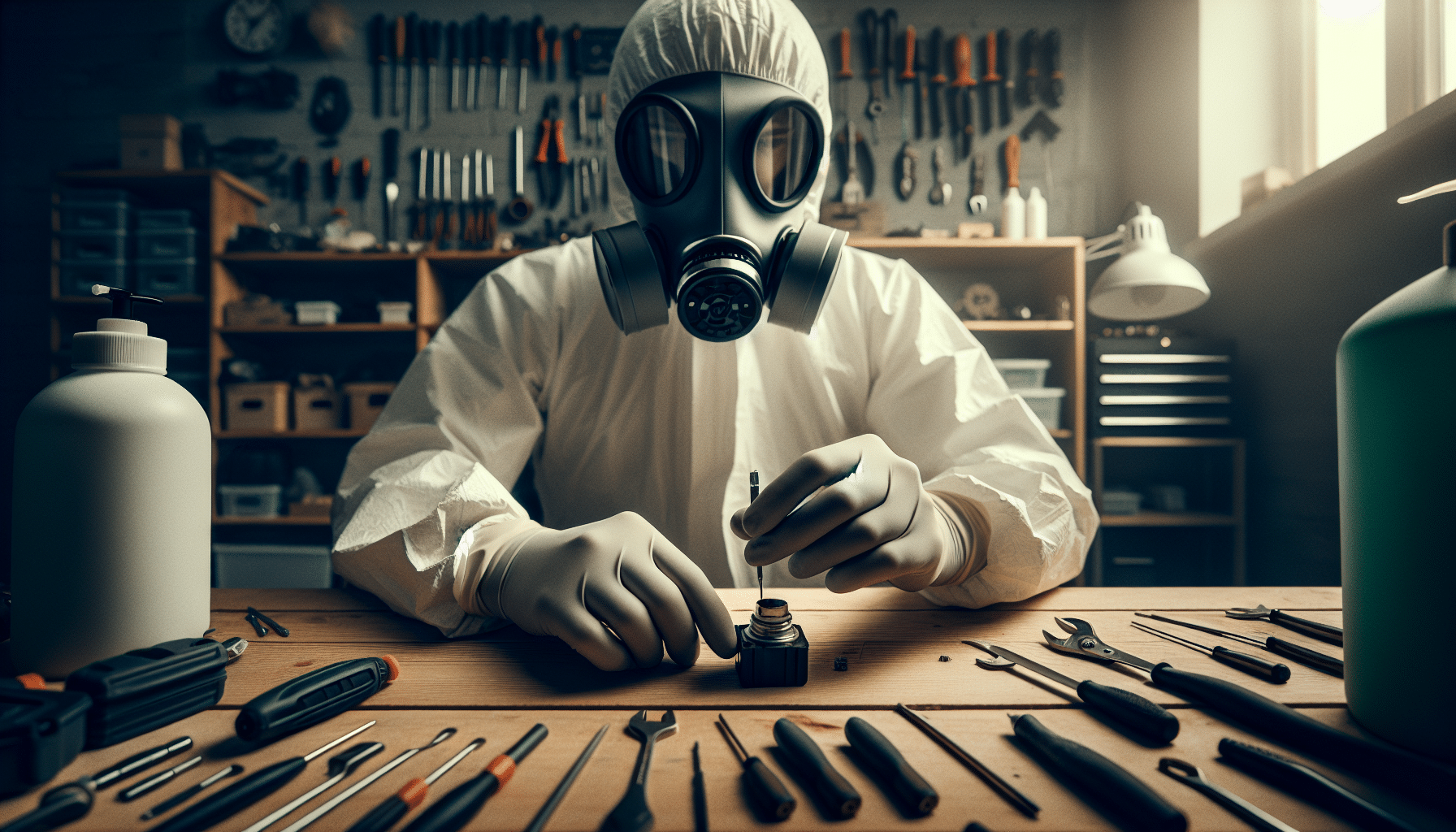 Hands performing a seal check on a CoreMask respirator during DIY mask fit test in a clean UK home workshop.