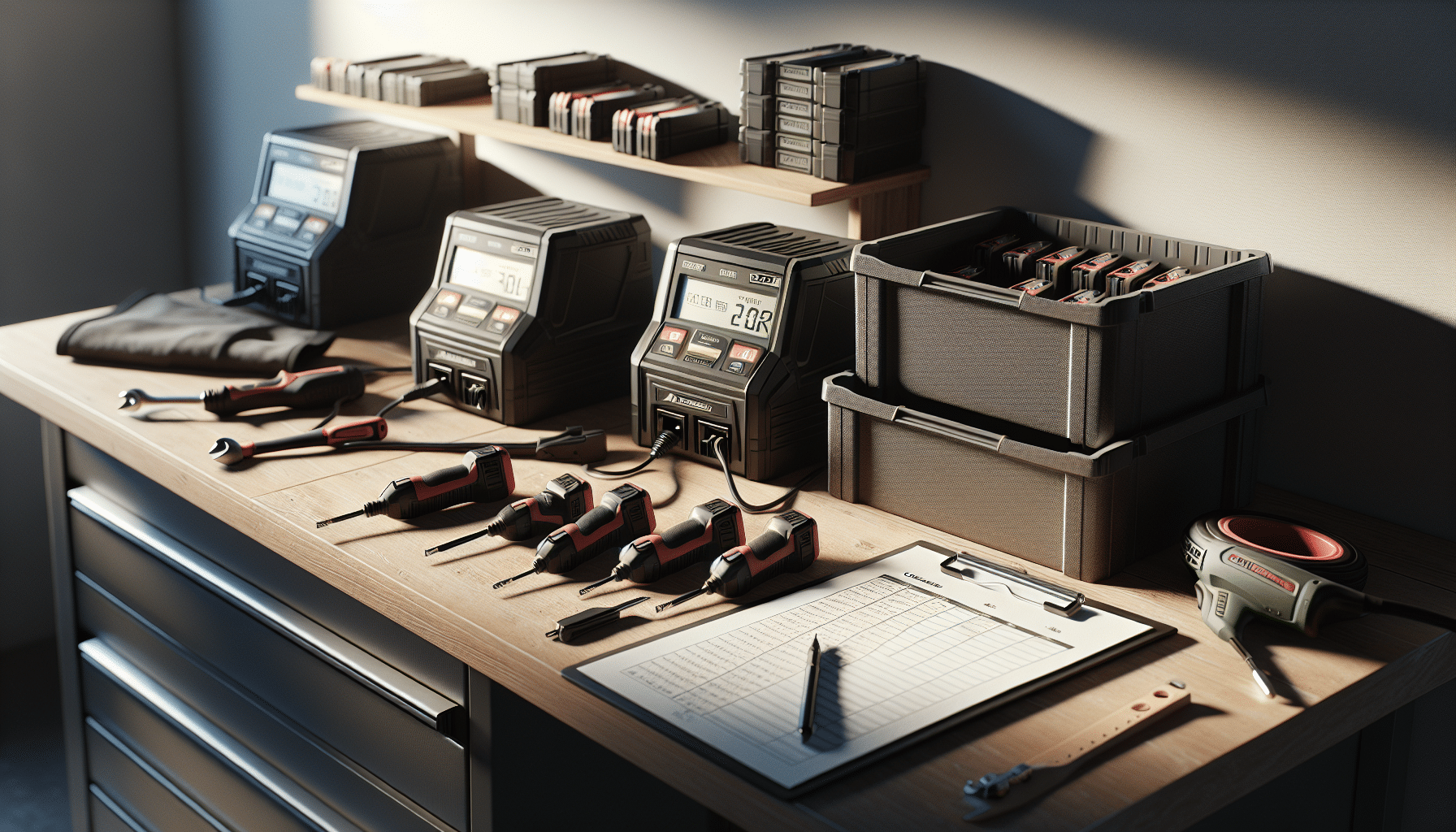 Side view of Makita-compatible chargers in a workshop with batteries charging and diagnostics active.