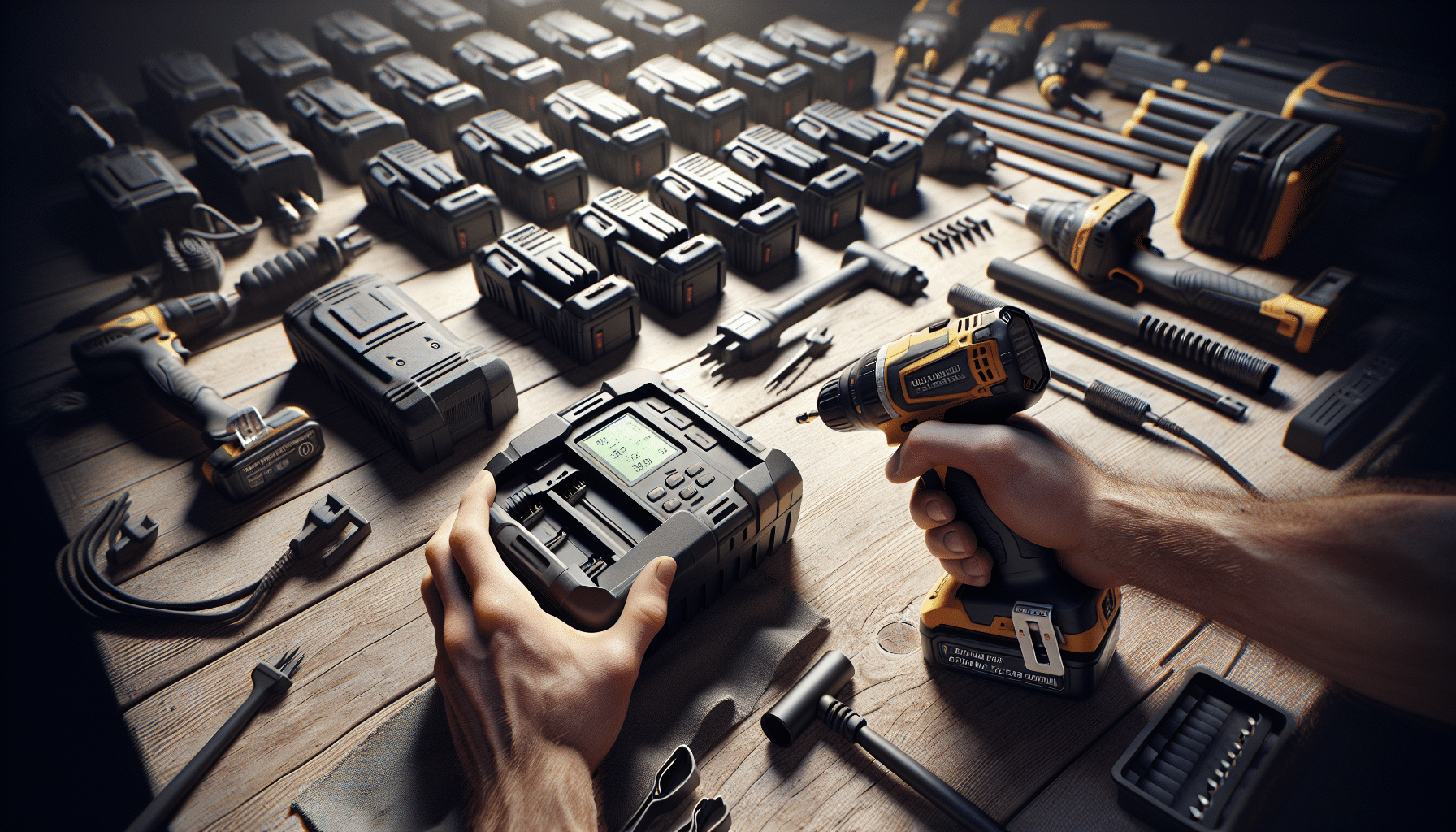 User removing battery from Makita DC18RC during performance test, comparing speed with newer rapid chargers on workbench.