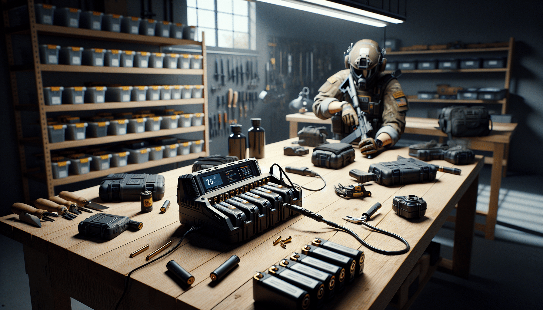 Close-up of Makita-compatible multi-bay charger in a tidy trade workshop, illustrating charging efficiency upgrades.