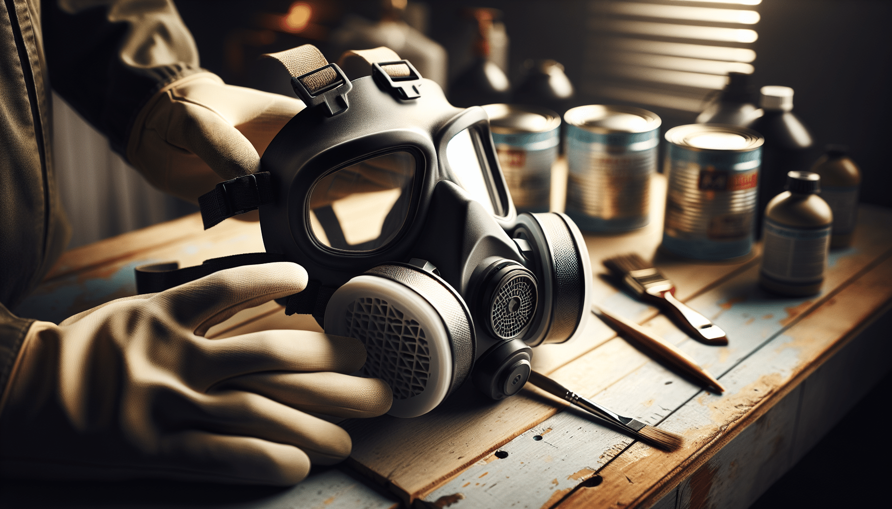 Side view of a carbon filter mask near solvent containers, illustrating fume protection and odour warning tools.