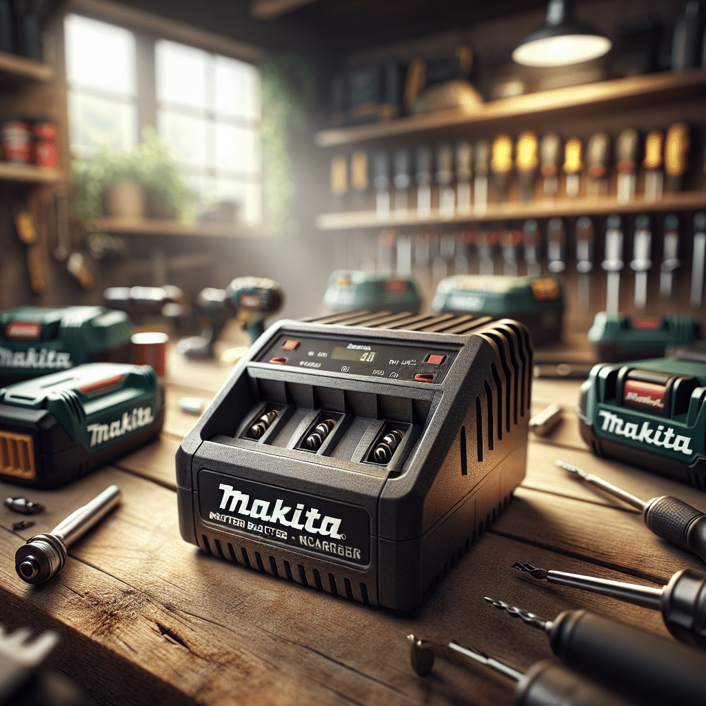 Makita DC18RC review showing worn charger unit on workbench, surrounded by Makita tools and batteries during performance evaluation.