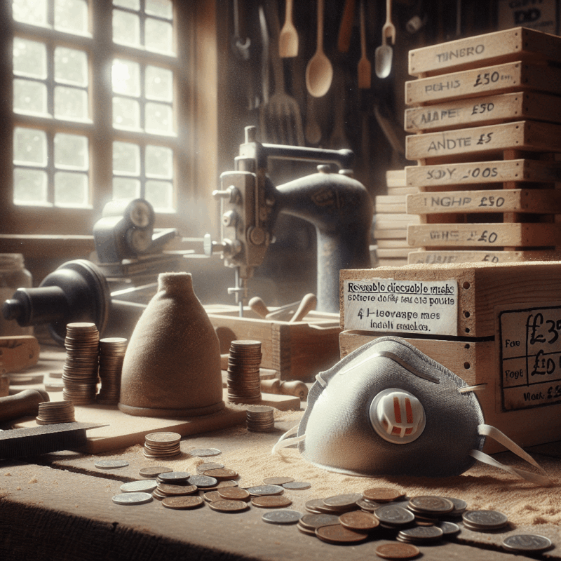 Close-up of reusable Torxup dust mask with disposable masks beside it in a UK workshop, highlighting reusable dust mask cost savings.