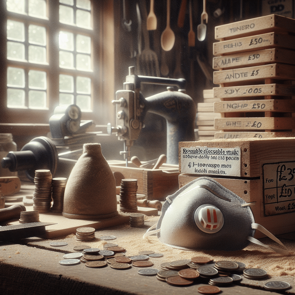 Close-up of reusable Torxup dust mask with disposable masks beside it in a UK workshop, highlighting reusable dust mask cost savings.