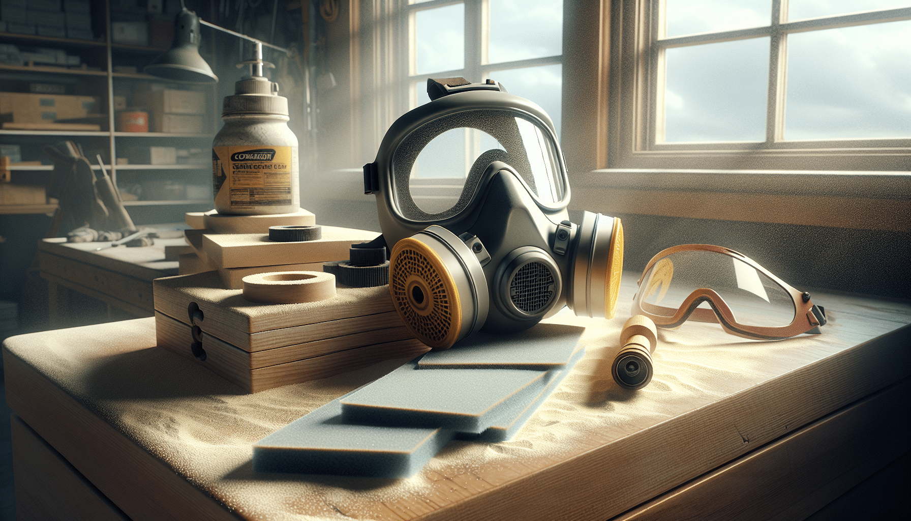 Torxup CoreMask reusable dust mask placed on a UK workshop bench near MDF sanding tools and filters.