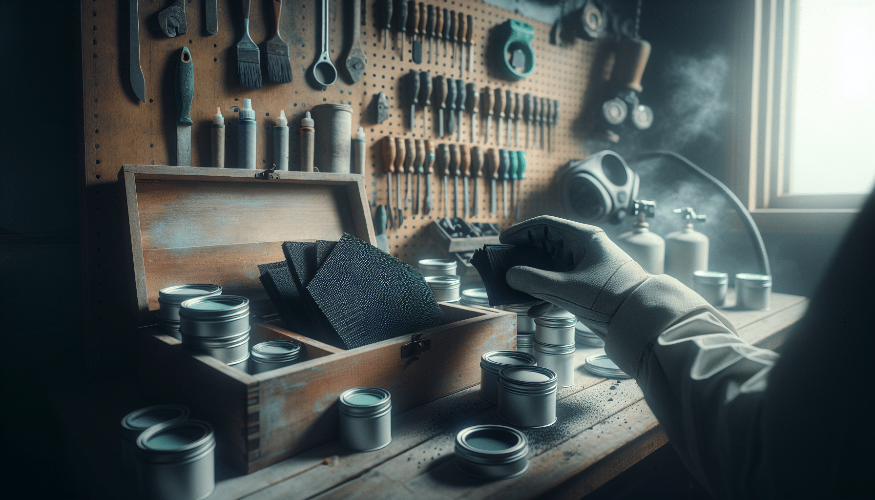 Hands holding a carbon pad mask near paint materials with vapour in a wood-furnished DIY workshop.