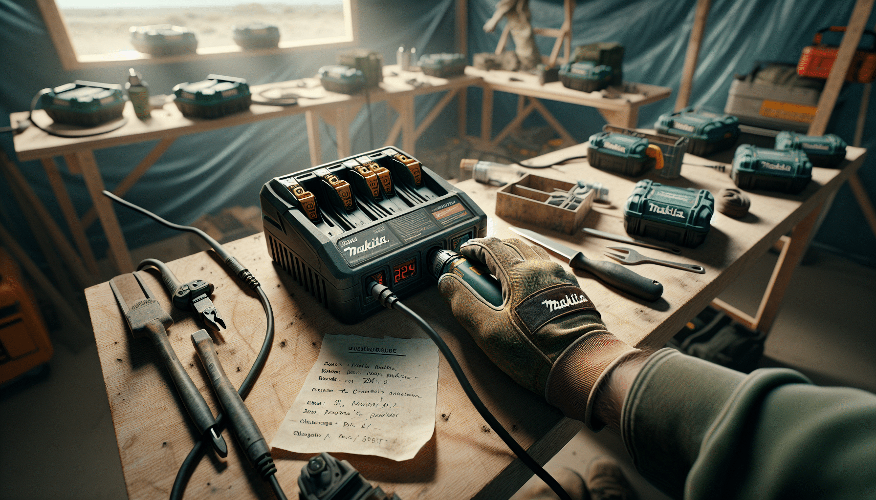 Makita-compatible rapid charger in use at a UK job site shelter, showing charged batteries ready for deployment.