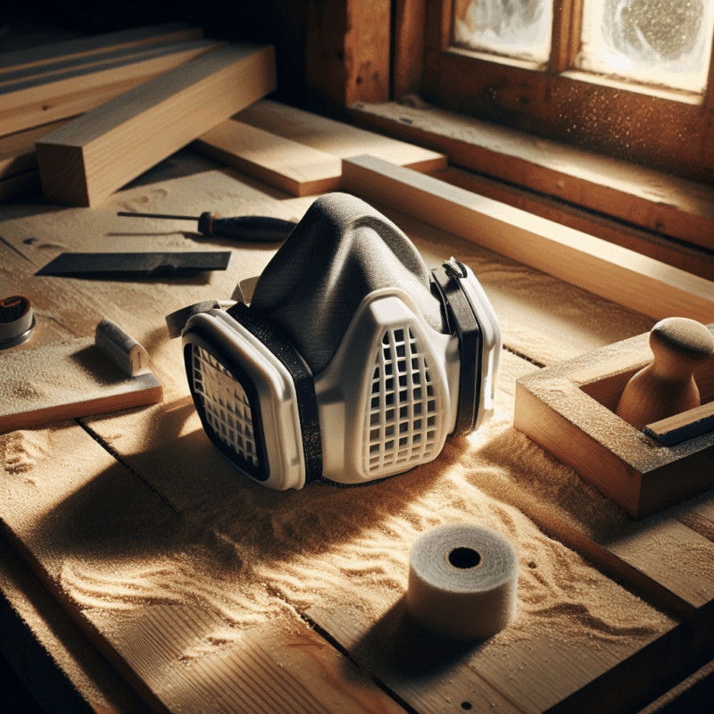 FlowCore dust mask filters UK placed on a woodworking bench beside sawdust and timber in a well-lit British workshop setting.