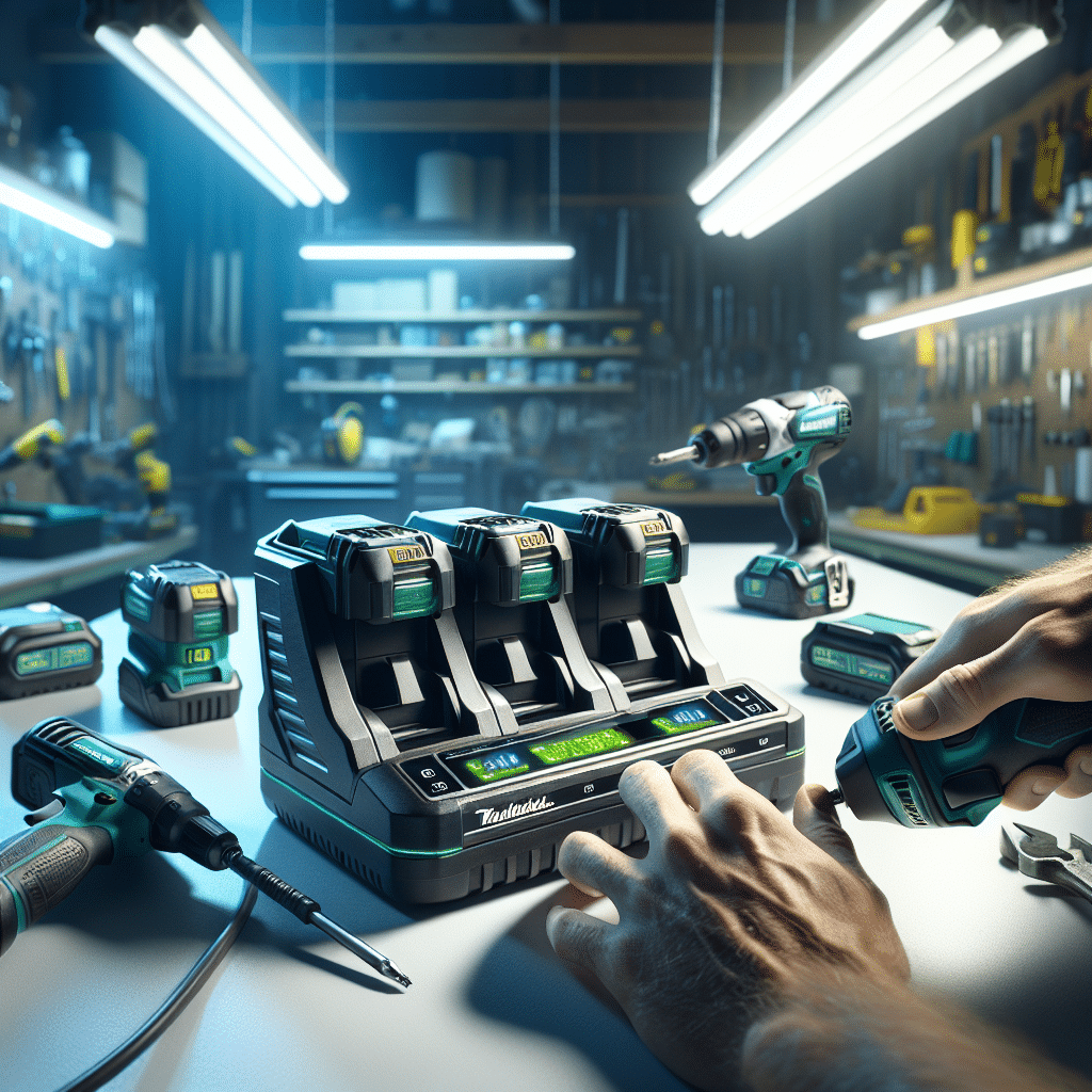 Hands adjusting a Makita-compatible charger with multiple batteries charging during a 2024 charger upgrade in a workshop.