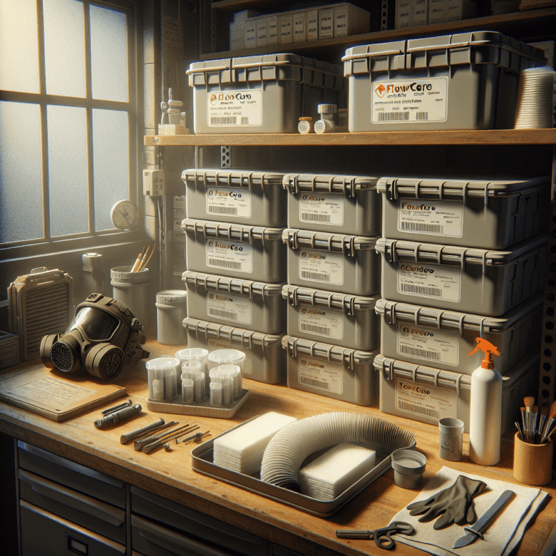 Organised FlowCore pads in airtight storage to extend filter life, shown alongside CoreMask and maintenance tools.