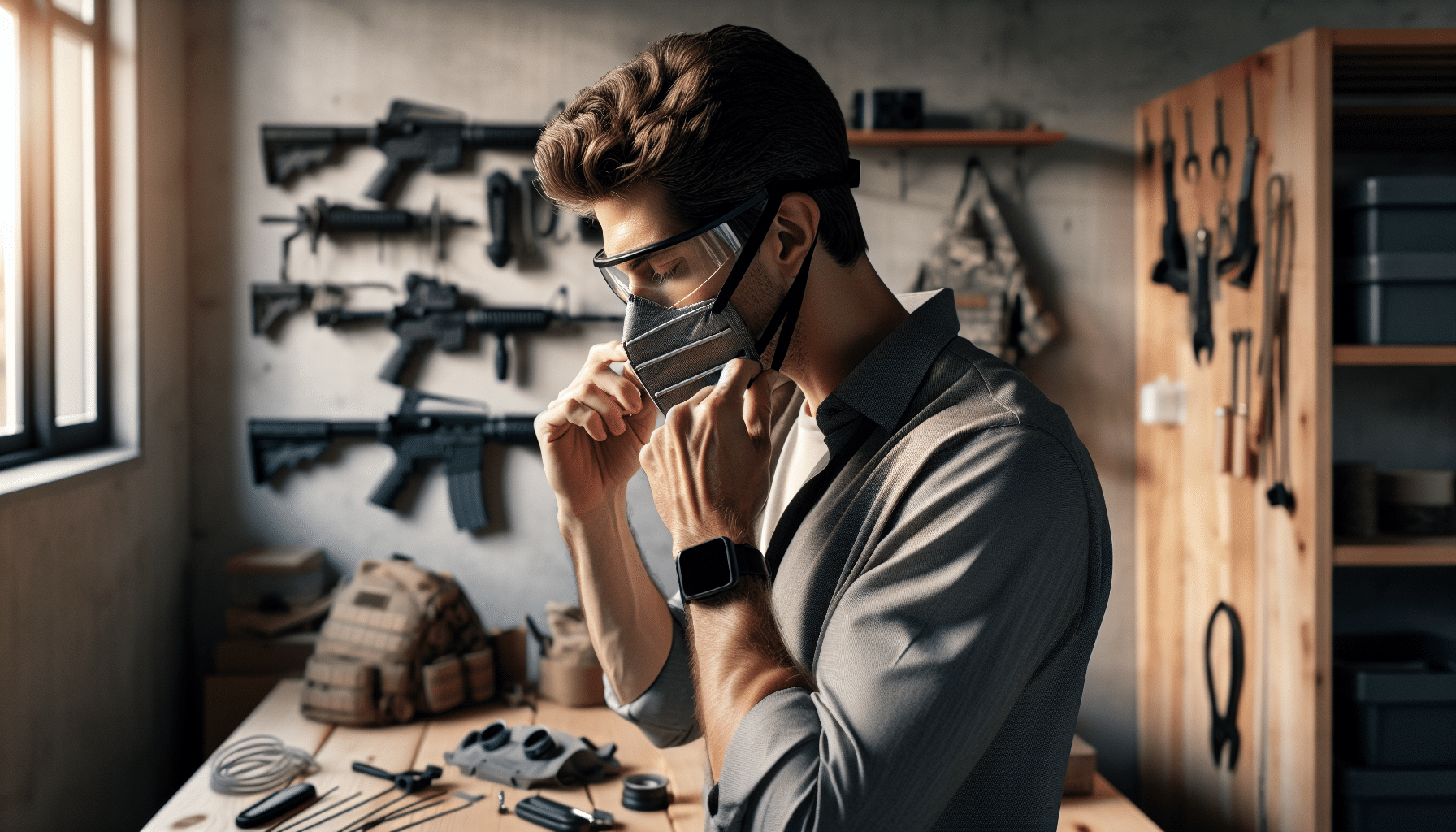 Fog-free glasses and secure face mask fit shown in a bright workspace by a DIY user wearing the best mask for glasses wearers.