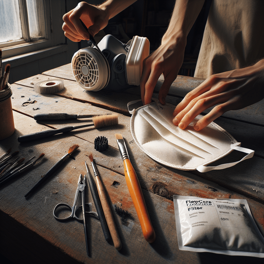 Hands changing a FlowCore filter pad on a workshop bench, illustrating filter lifespan for dust masks and proper maintenance steps.