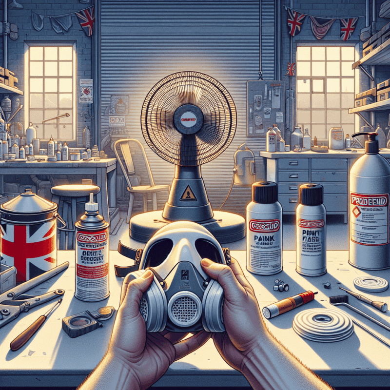 Person fitting a Torxup CoreMask with ProDefend filter in a workshop that displays ventilation for solvents and safe air practices.