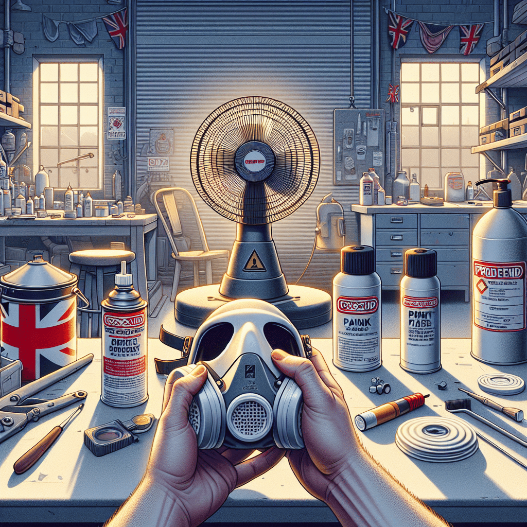 Person fitting a Torxup CoreMask with ProDefend filter in a workshop that displays ventilation for solvents and safe air practices.