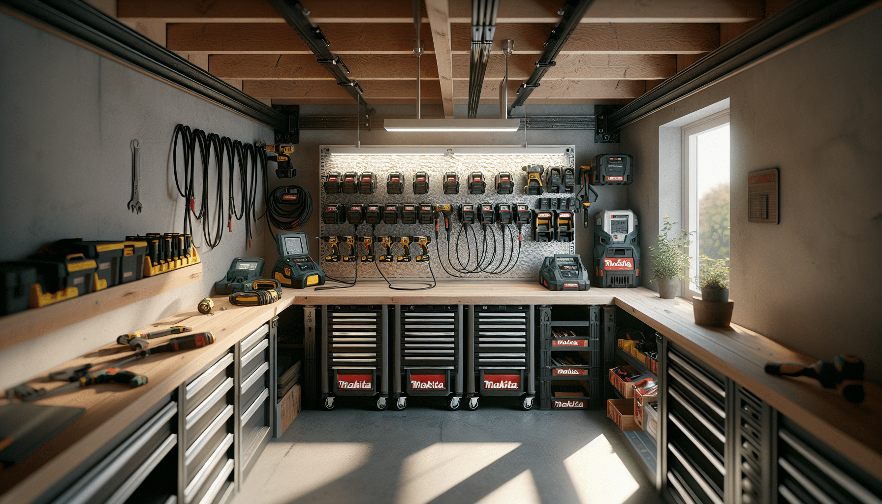 Overhead view of organised wall-mounted battery charger station optimised for workshop charger placement and workflow.