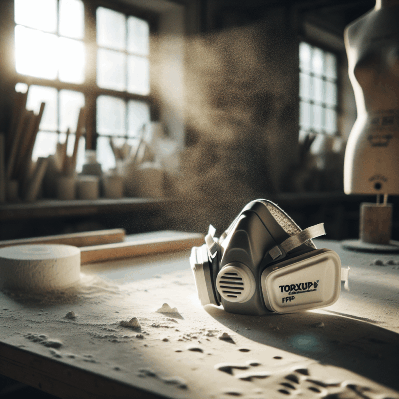 Torxup mask with FlowCore plaster sanding filter surrounded by airborne dust on a workbench during DIY plastering.