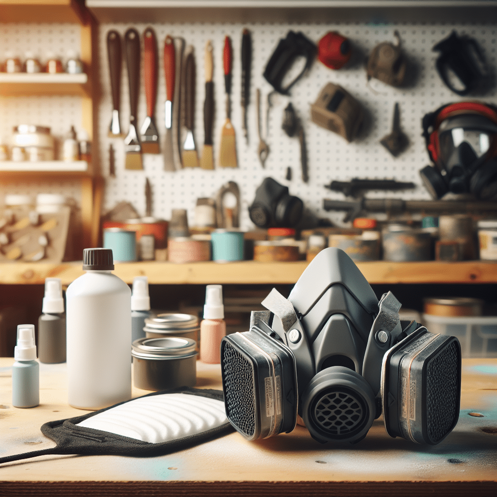 A workshop scene showing ProDefend pads beside a used paint respirator cartridge and a CoreMask unit, ideal for light painting jobs.