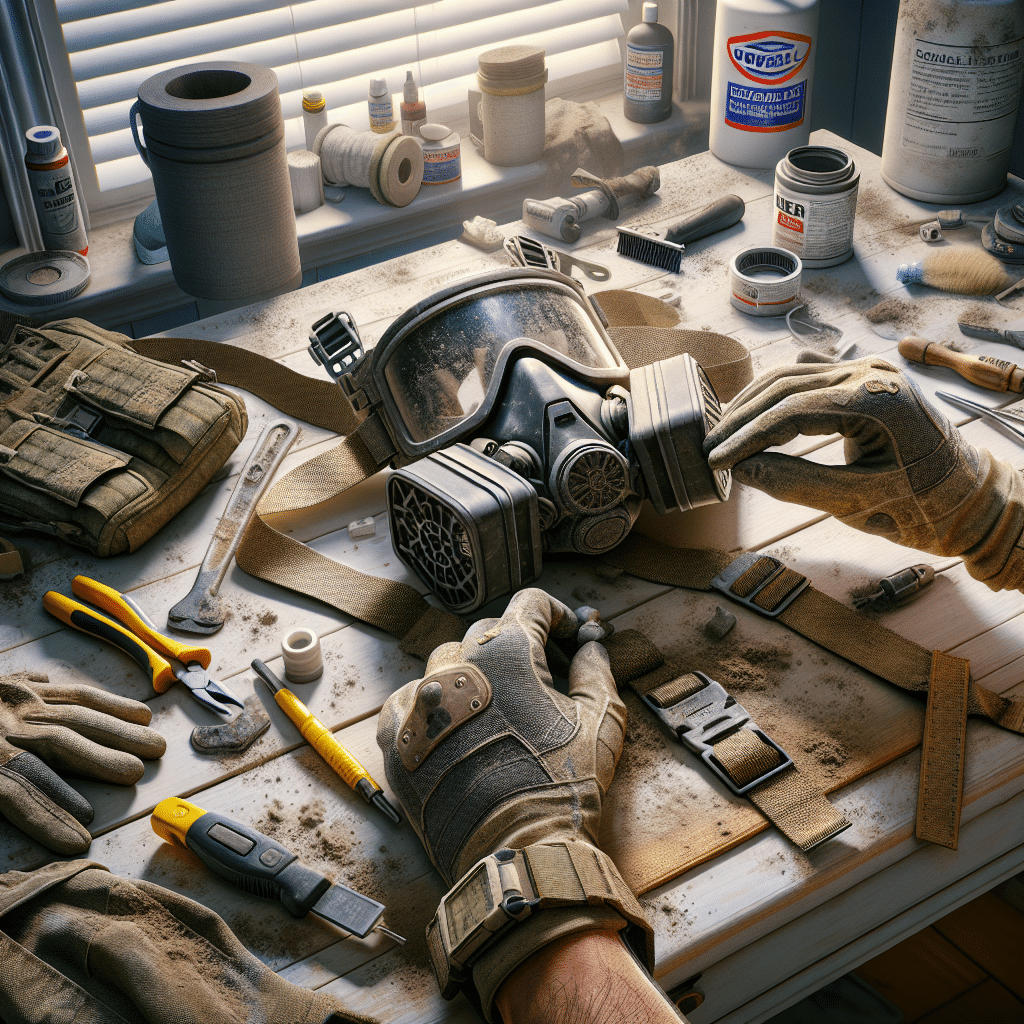 Hands adjusting CoreMask pads and straps on a dust mask in a UK home workshop during a mask fit test.