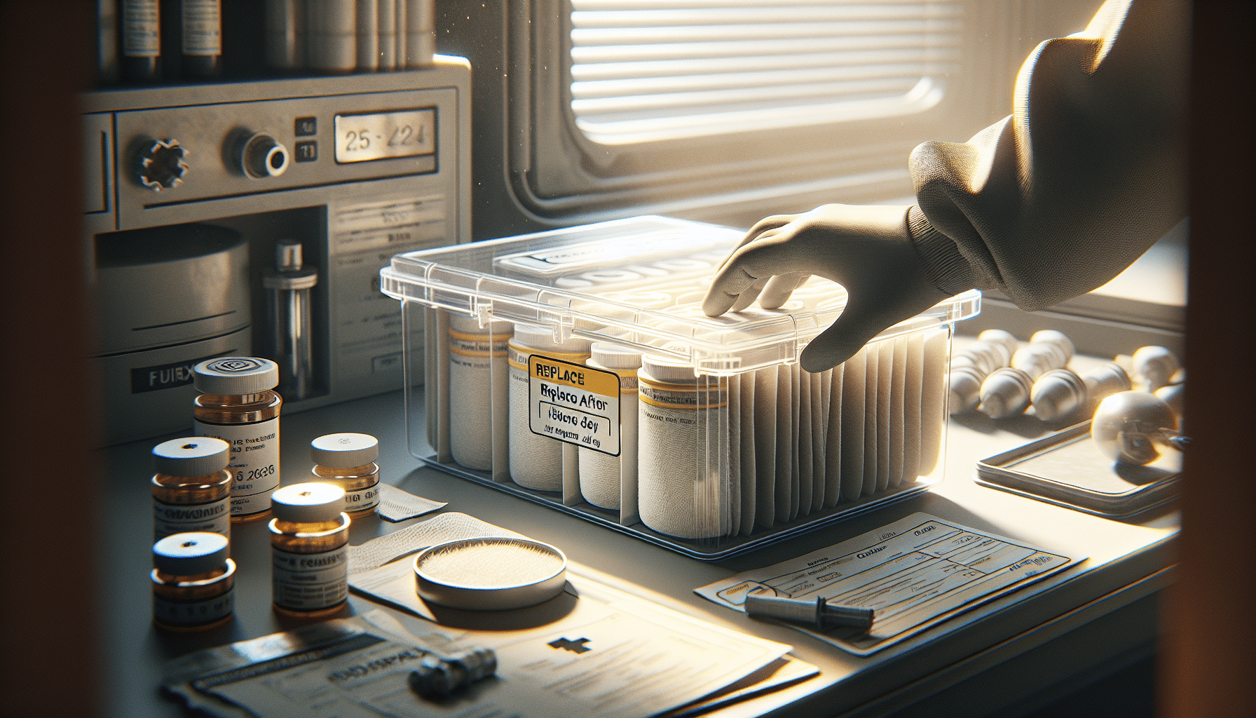 Safe storage of FlowCore pads in airtight container to extend filter life shown on a clean workbench.