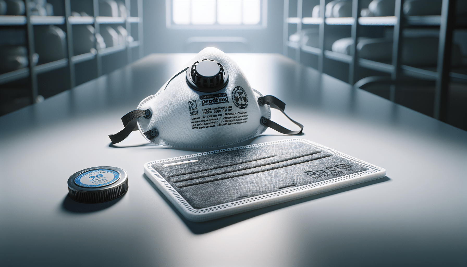 Overhead view of ProDefend carbon pad and N95 mask showcasing labeled filtration specs and certification symbols.