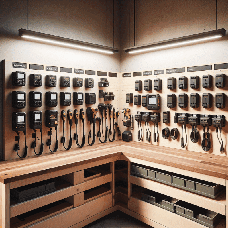 A professional workshop showing wall-mounted Makita-compatible chargers above a workbench, used for efficient workshop charger placement.