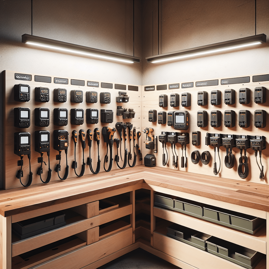 A professional workshop showing wall-mounted Makita-compatible chargers above a workbench, used for efficient workshop charger placement.