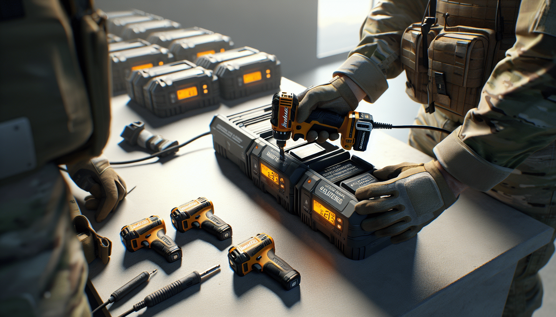 Hands rotating batteries in a multi-bay charger setup, highlighting battery rotation tactics in action.