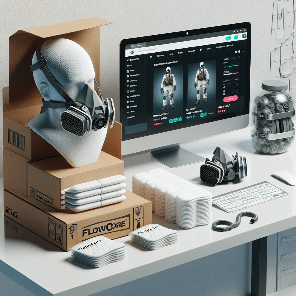 FlowCore pads UK product image featuring filters, packaging, and a respirator mask on a white background with online order display.