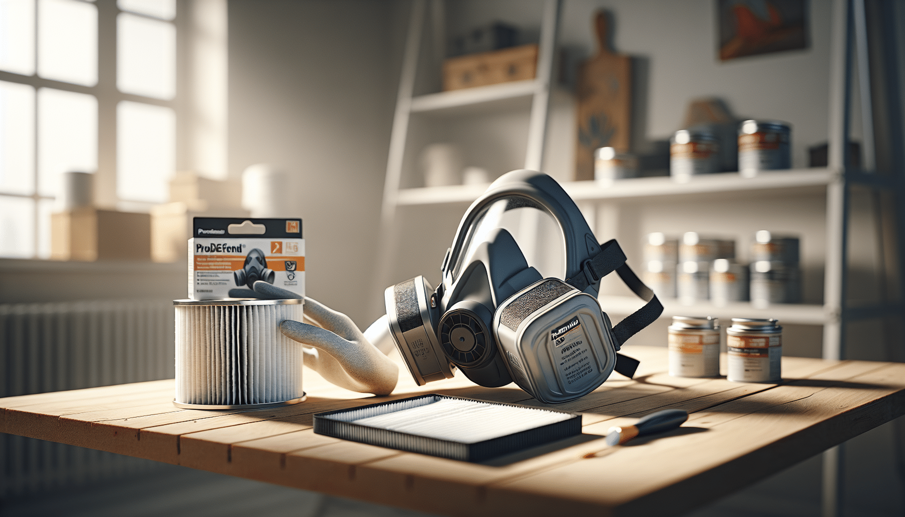 Reusable paint respirator fitted with ProDefend filter alongside pack sizes and DIY materials.