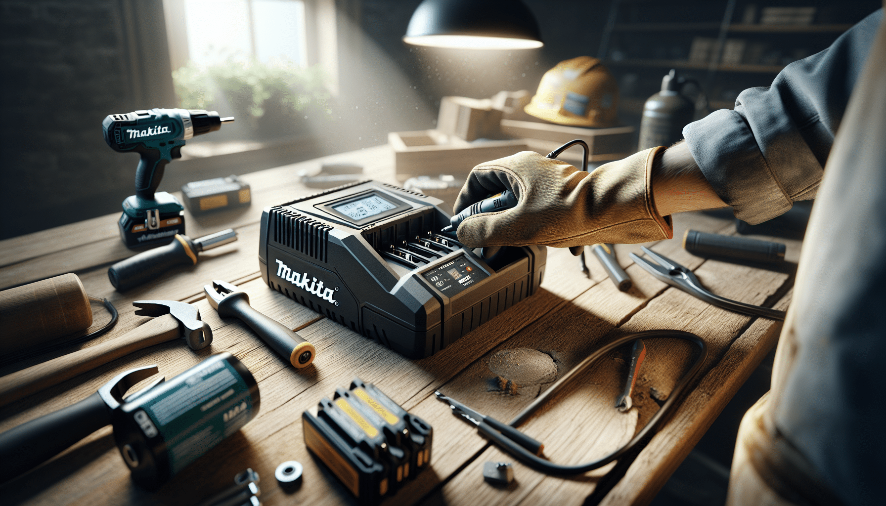 Makita-compatible charger with LCD showing voltage and amps as a battery is placed on it during workshop use.