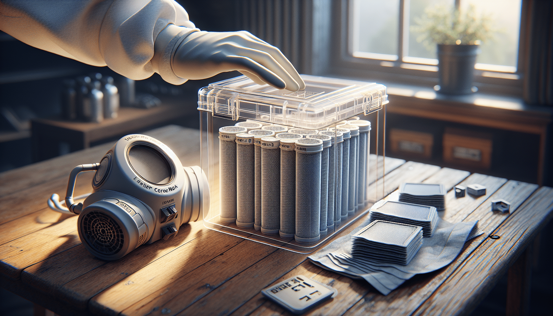 Workshop shelf scene showing FlowCore filters in airtight storage next to a Torxup CoreMask, illustrating proper filter care.