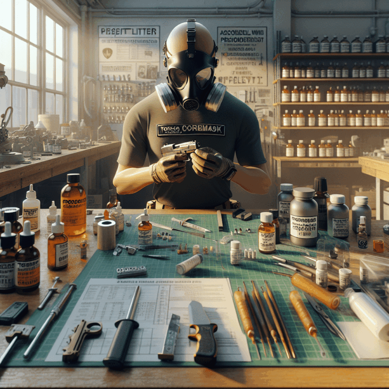 Hands fitting Torxup respirator with ProDefend filters in a craft space with hobby resin filters and labelled safety gear.