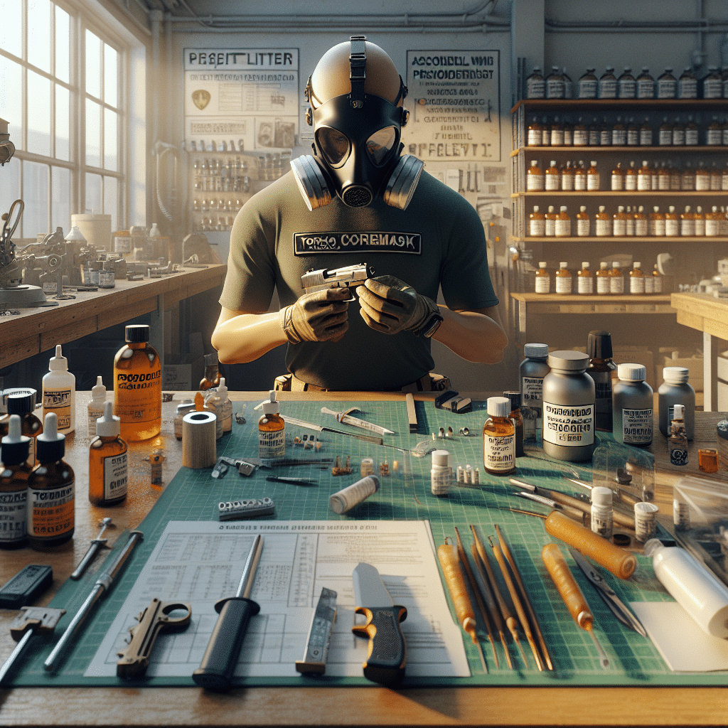 Hands fitting Torxup respirator with ProDefend filters in a craft space with hobby resin filters and labelled safety gear.